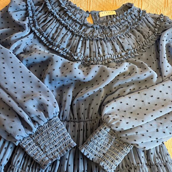 Sandro Paris Blue Smocked Mini Dress Sheer Polka Dot Ruffle Long Sleeve Small - Picture 7 of 12